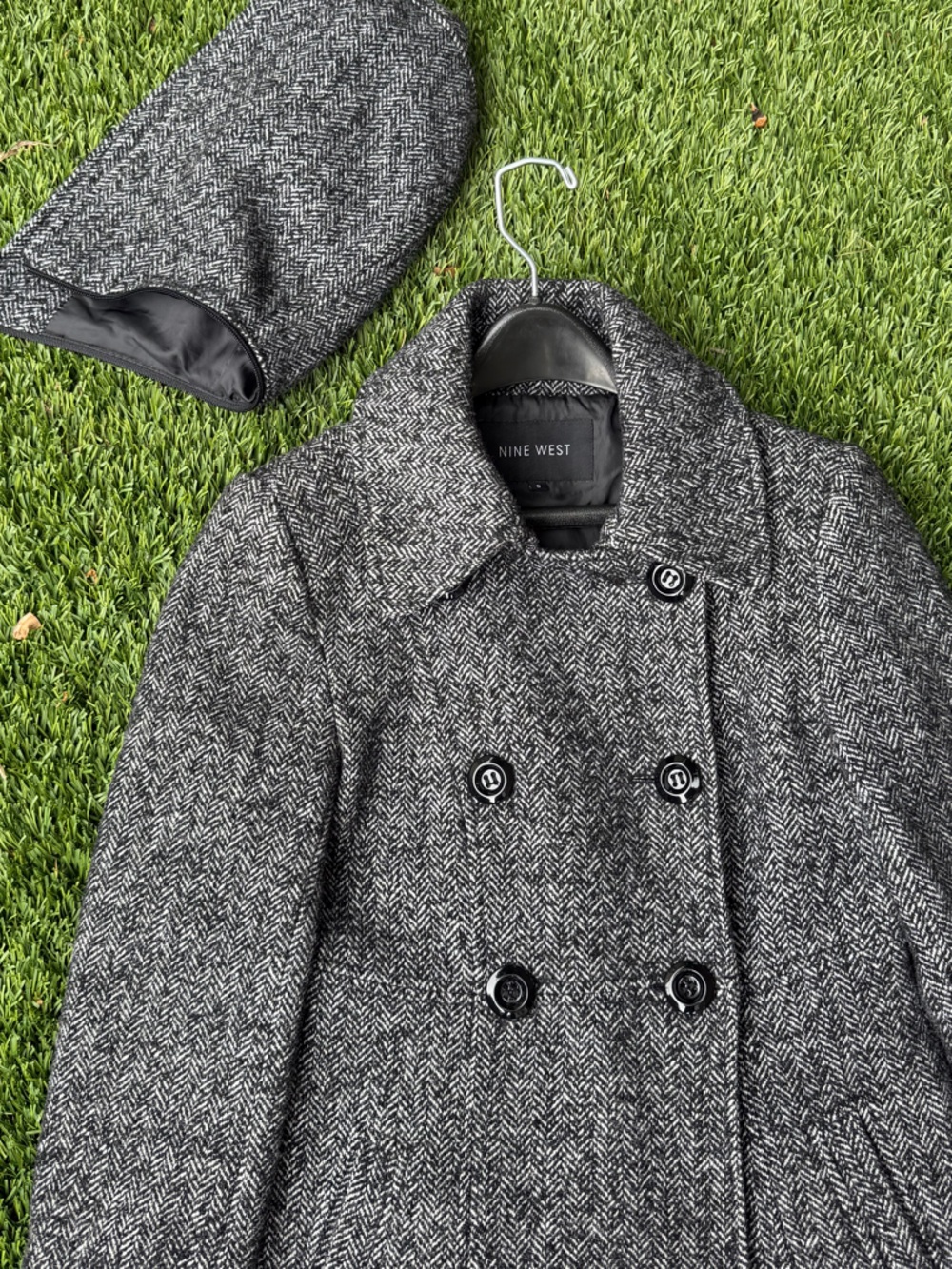 Nine West Black & Gray Herringbone Double-Breasted Pea Coat wool blend